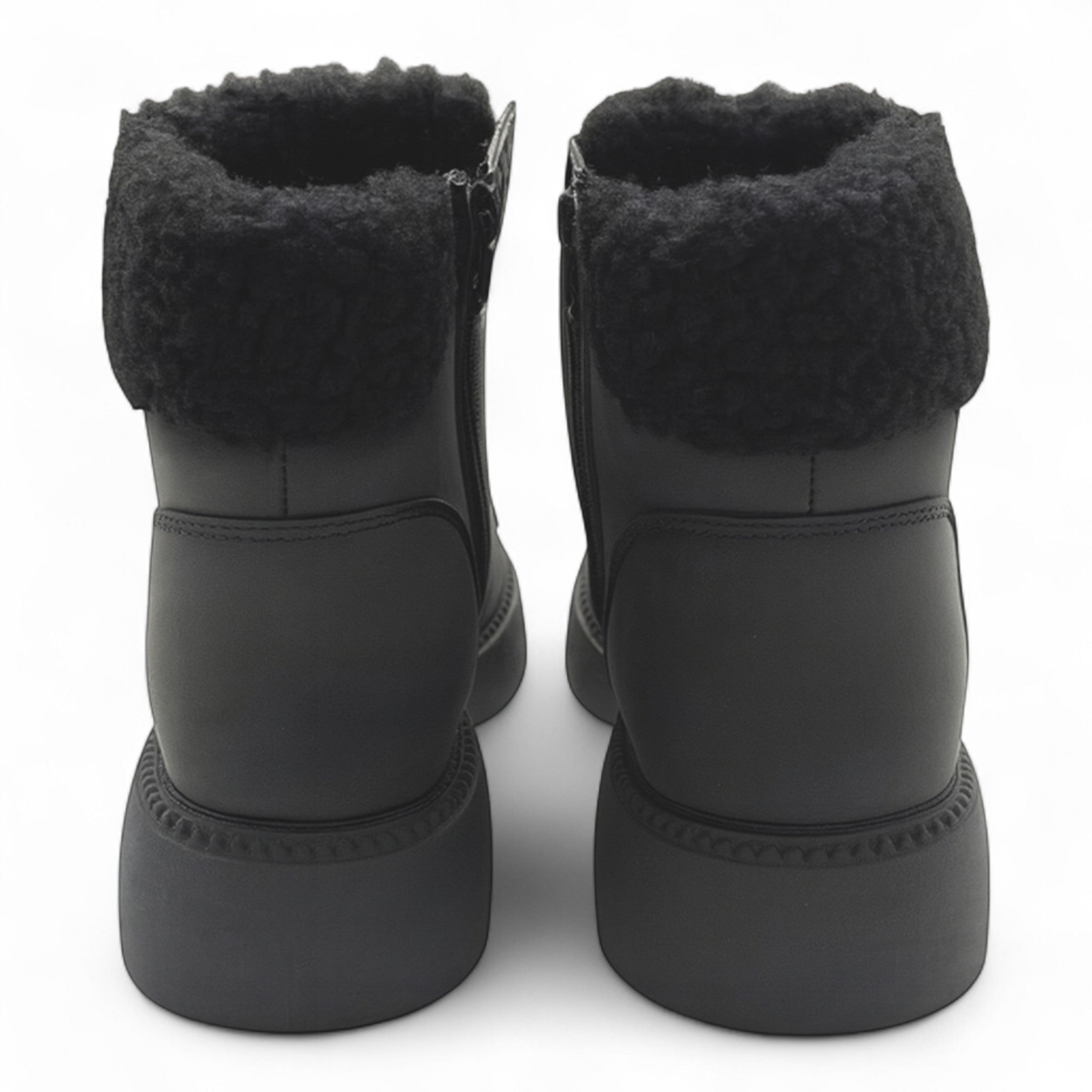 Ladies Dark Grey fleece-lined ankle boots with side zip and warm faux fur collar – stylish winter boots for women.
